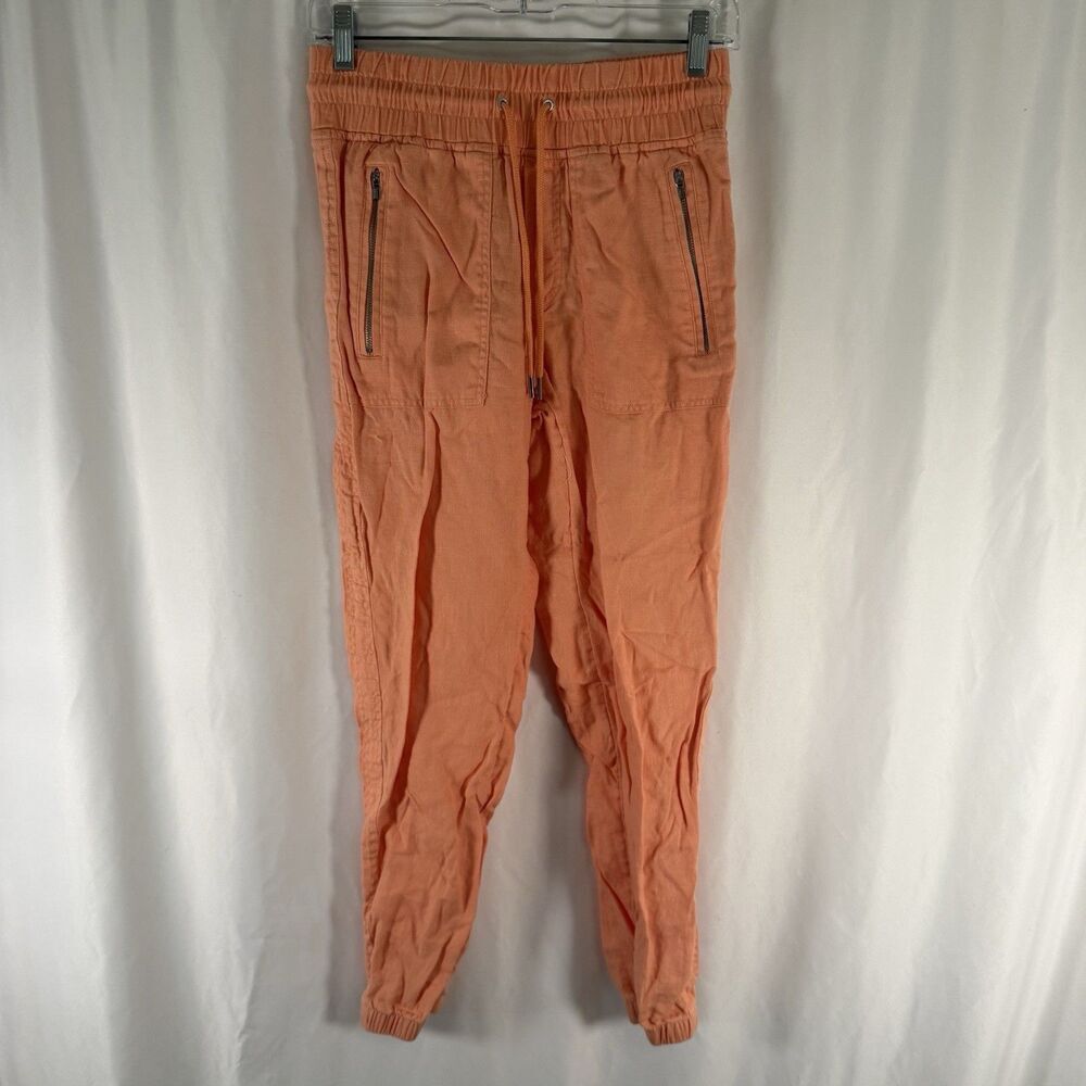 athleta 100% Linen Joggers Women's 0 Orange Pull On Drawstring Zip Pockets